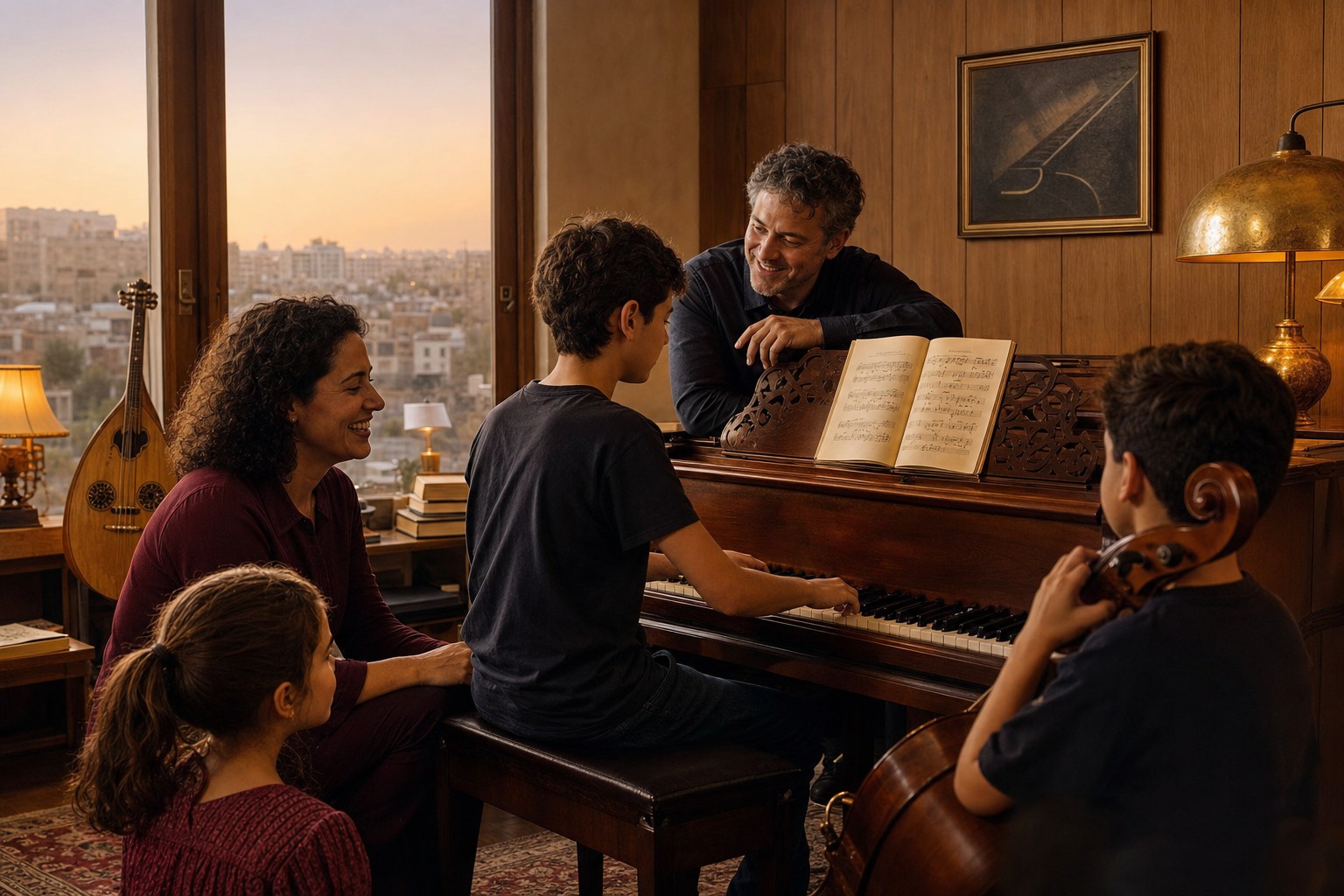 Music teachers and students in warm practice room at Music Negev